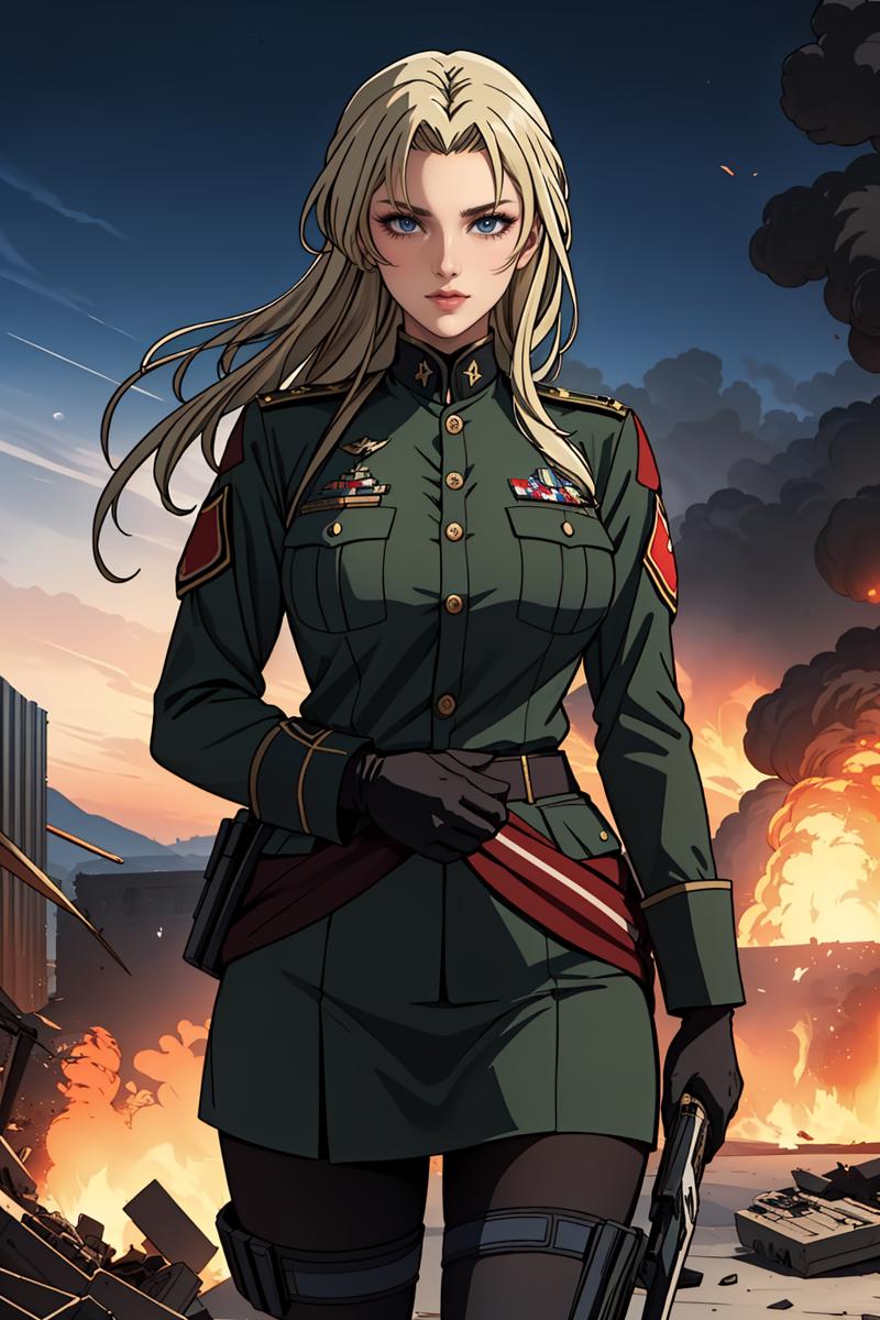 05496-3434723984-Embark on a visual journey through the battlefield as a female soldier takes charge with unwavering confidence. The chaos of war.png